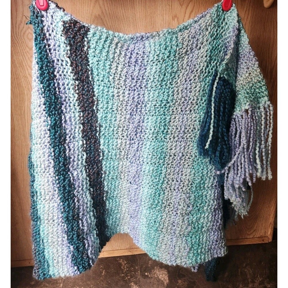 Soft Wide Handmade Scarf Crochet ~18x64 In. Multicolor Blue Stripes W/ Fringe - Picture 15 of 16